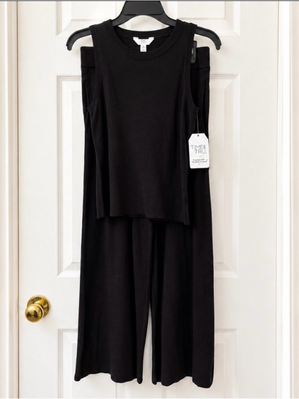 Time and Tru Black Ribbed Knit Tank & Wide-Leg Pants Set